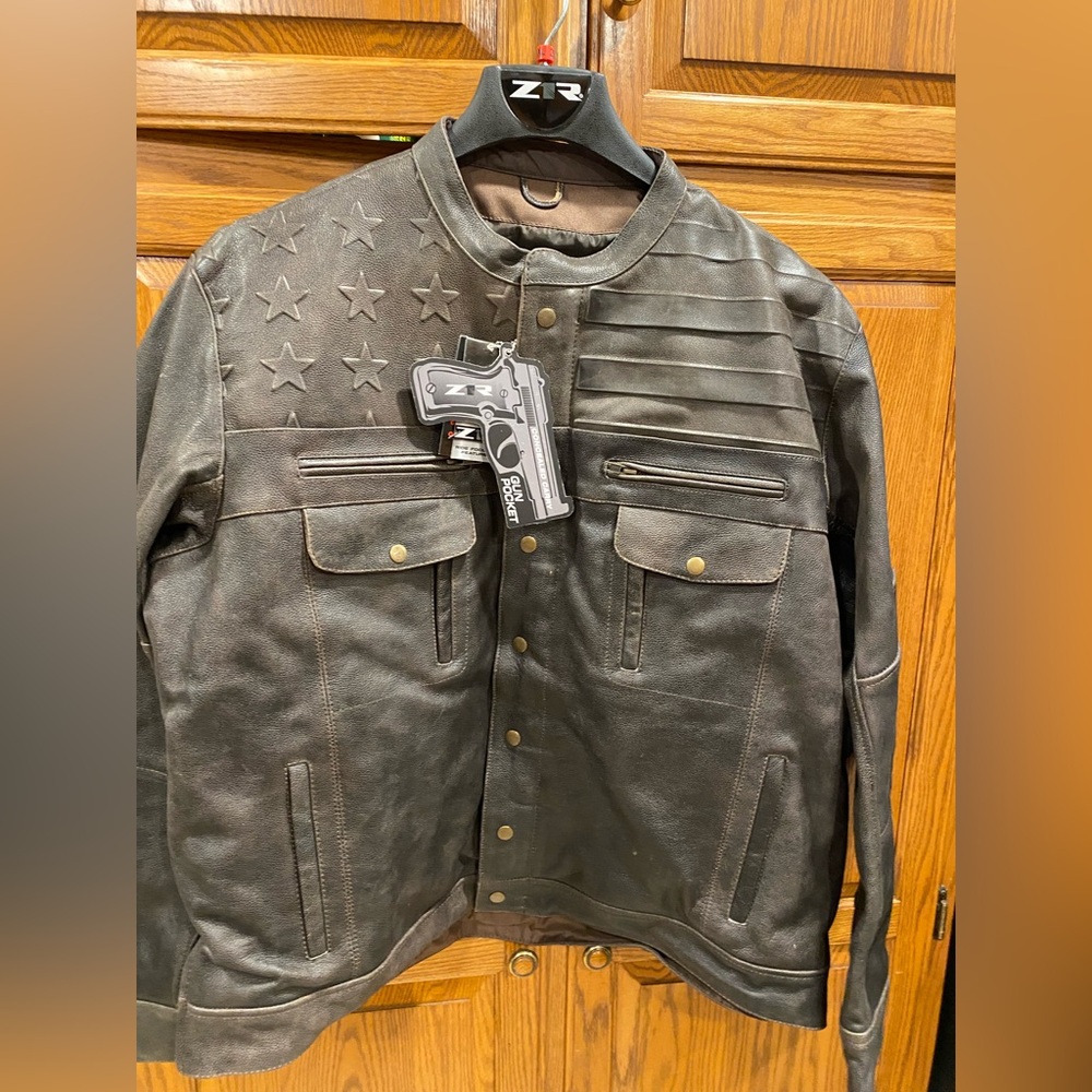 American flag embossed dk chocolate brown 100% leather jacket 2XL men’s
